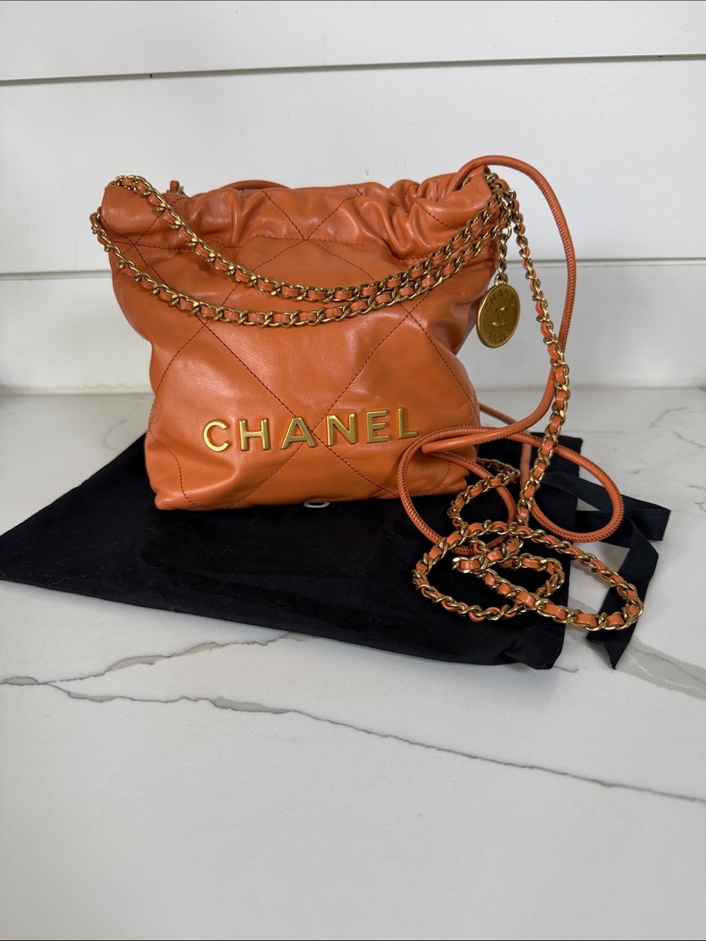 CHANEL 22 Mini Calfskin Pumpkin Orange Gold Hardware